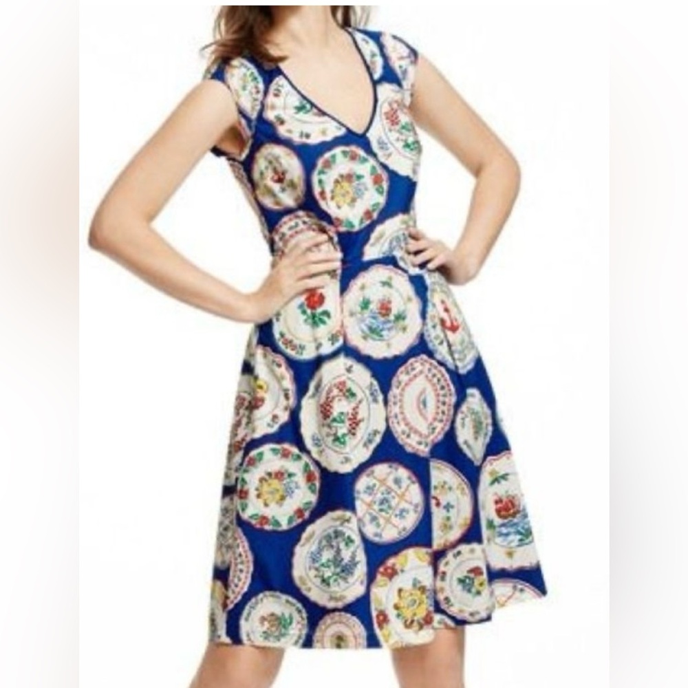 Boden Vibrant Blue and Cream Circle Print Midi Dress
